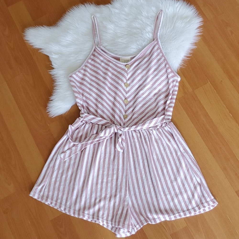 Caution to the Wind pink white striped romper L